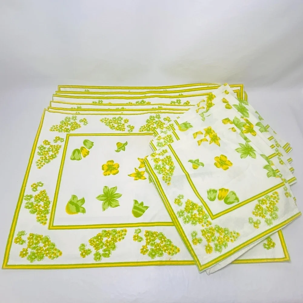 Vintage Floral Set Of 6‎ Placemats & 6 Napkins Green Yellow Flower MCM 70s Boho